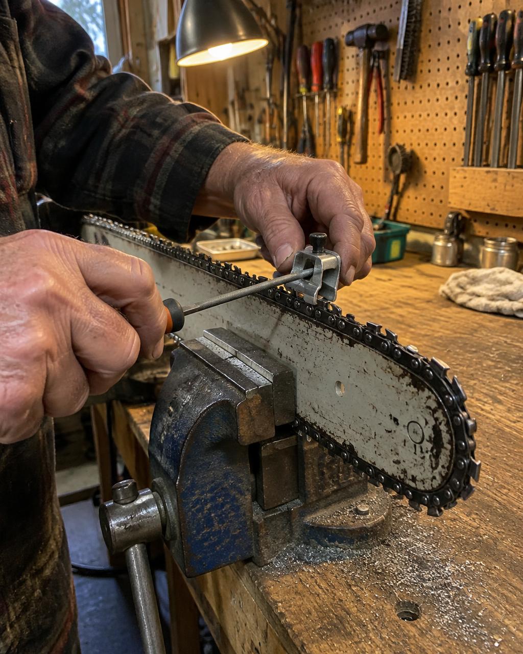 Hand-filing a chainsaw chain